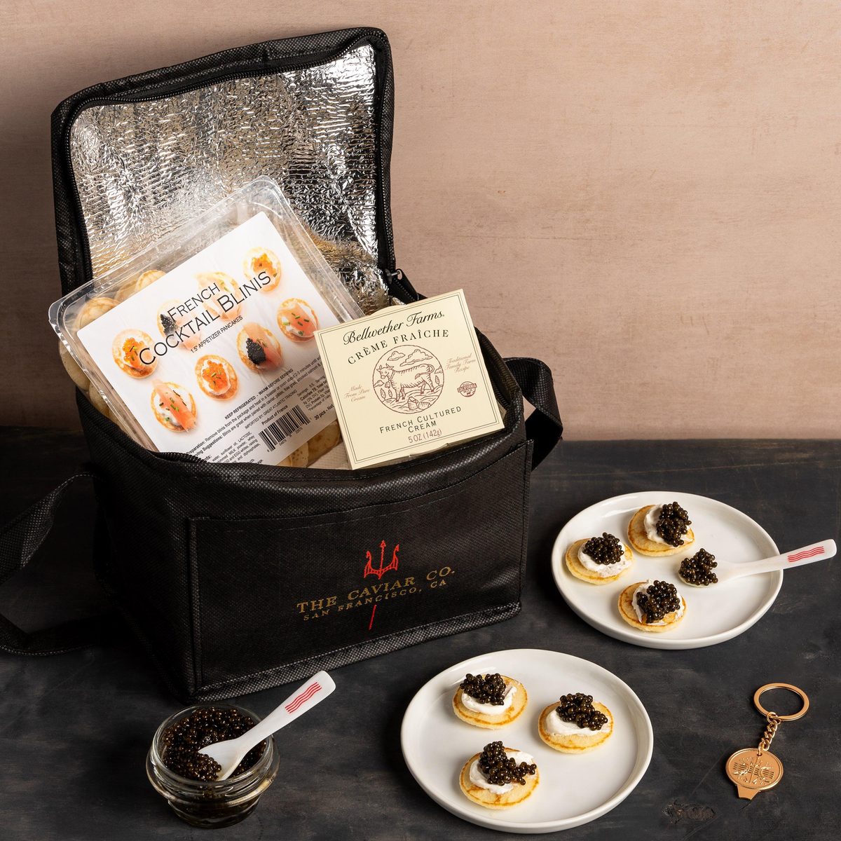 The Savor Set: caviar, blini and creme fraiche in a cooler bag